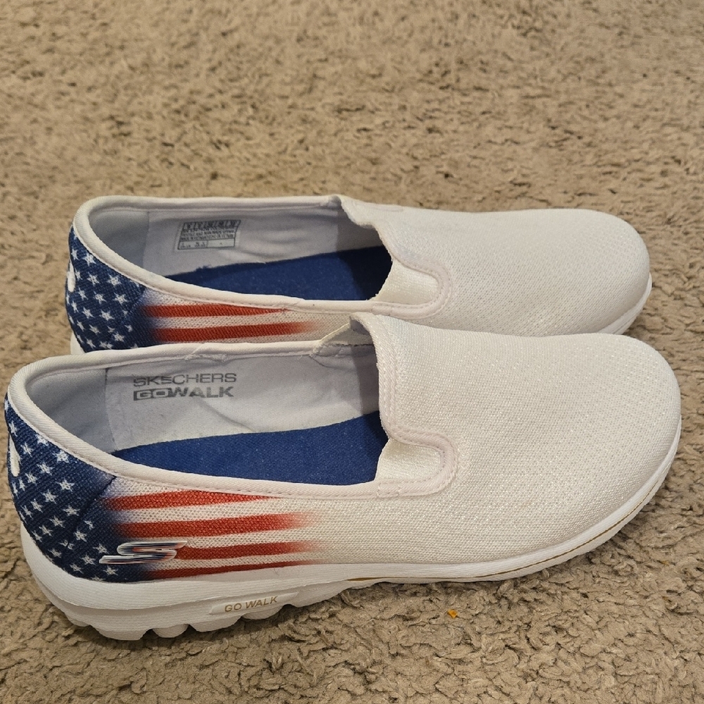 Skechers White and Blue Slip-On Sneakers with Patriotic Design